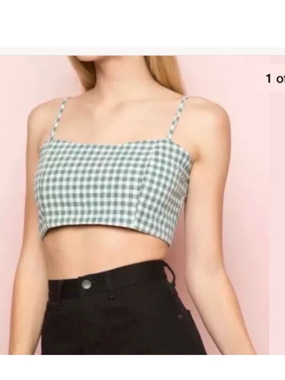Brandy Melville green white Gingham Square Neck CropTop bralette one size cotton